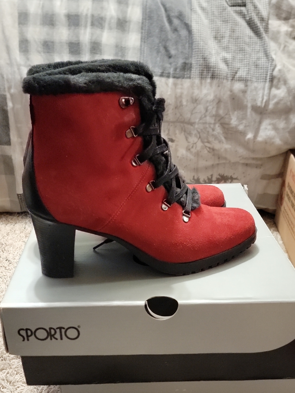 Sporto Red Suede Lace-Up Heeled Ankle Boot with Faux Fur Collar